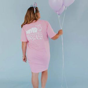 THE NEVER GROW UP T-SHIRT DRESS BY HAPPY THREADS X PINK DESERT IN PINK